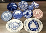 10 Pcs Flow Blue China and Blue Transferware Platters, Plates, Bowls and More
