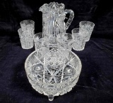 Antique Cut Crystal Pitcher w/6 Tumblers & Footed Bowl