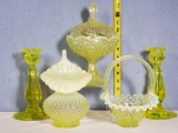 5 Fenton and Other Vaseline Art Glass Pieces