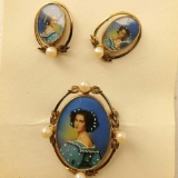 12K Gold Filled Antique Vintage Victorian Miniature Portrait Earrings & Matching Brooch