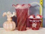 Fenton Art Glass Cranbery Opaescent Vase, Basket and Rose Overlay Vase