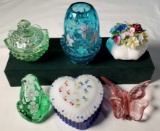 5 Fenton Art Glass Novlety Boxes, Figurines, Fairy Lamp and Royal Doulton Flowers
