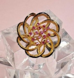 18k Gold Enameled Flower Pin with Rubies