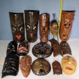 Tray Lot of 15 Ethnic Wood Carved Masks