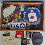 Tray Lot of Military Patches, CIA Sign, and Related Items