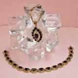 Estate 10k Gold Filigree Pendant Necklace with Matching Bracelet Possibly Iolite