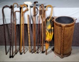 Caned Umbrella Stand with Metal Liner, 14 Canes and Vintage Umbrella