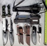 Tray Lot of 8 Hunting, Dive and Fighting Knives with Sheaths