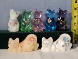 7 Fenton Art Glass Cat Figurines in Varied Sizes and Styles