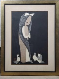 Kawana Kaoru Modern Japanese Woodblock Print Doves and Girl, Matted and Framed