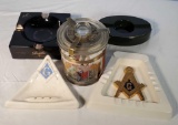 Cigar Ashtrays Including Masonic and Glass Pail Form Humidor full of Match Books