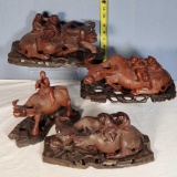 4 Hand Carved Water Buffalo with Rider Figures on Individual Stands