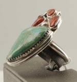 Sterling Silver Navajo Native American Turquoise & Red Coral Ring