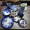 9 Pcs Flow Blue China Pitchers, Bowls and Plates