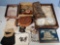 Tray Lot of Celluloid Dresser Items, Jewelry, Pins, Metals and Watches