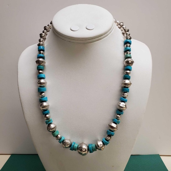 Vintage Pawn Sterling Silver Bead & Turquoise Un-Signed Native American Necklace