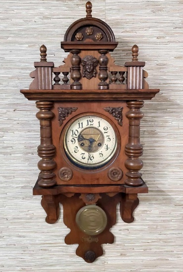 German Mauthe Freeswinger Antique Wall Regulator Clock With Mixed Wood Case
