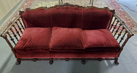 Mahogany Queen Anne Style Sofa With Spindle Arms And Spanish Paw Feet