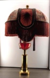 Brass & Cranberry Glass Table Lamp With Victorian Style Fringe Shade