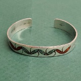 Vintage Pawn Sterling Silver Inlaid Crushed Turquoise & Red Coral Un-Signed Navajo Cuff Bracelet
