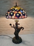 Vintage Spelter Cowboy Riding a Horse Lamp with Stained Glass Shade