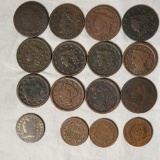12 US Large Cents, 1 Half Cent and 3 Two Cent Pieces