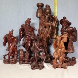 6 Asain Hand Carved Fisherman Figures in Varied Sizes and Styles