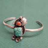 Vintage Pawn Sterling Silver Red Coral & Turquoise Signed Monogram Native American Cuff Bracelet