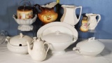 11 Pcs White Ironstone and English Creamware Tureens, Platter, Biscuit Jar, Teapot and More