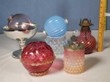 6 Pcs Antique Glass - Cranberry, Hobbs Opalescent, Mercury Glass, Lightning Balls & More