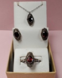 Signed Judith Jack Sterling with Garnet & Marcasite 3 pc. Suite