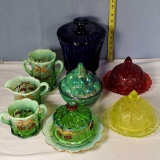 4 Vintage Glass Covered Dishes and 4 Pc Green Opal Table Setting
