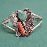 Vintage Pawn Sterling Silver Red Coral & Turquoise Signed Monogram Native American Cuff Bracelet