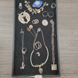 Lot Of Silver Jewelry Charm Bracelet, Retro Necklaces, Rinestone and more