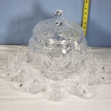 Fine Cut Crystal Covered Cider/ Puch Bowl with 11 Matching Cups