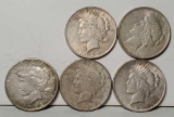 5 US Silver Peace Dollars - 1922 P, D and S, 1923 and 1923-S