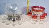 Collection Of Ruby Stain And Wheel Cut Crystal Punch Bowl with Silver Plate Base