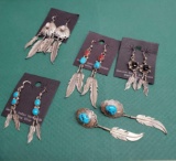 5 Pair Sterling Silver & Gemstone Native American Earrings