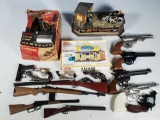 Tray Lot of Toy Cap Guns, Harley Bank, Printing Press and More