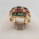 3 Band Ring 18K & 10K Yellow Gold Emerald, Ruby Blue Topaz & Diamond Ring