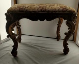 Hand Carved Wood And Upholstered Bench