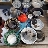 Great Collection Of Kitchen Graniteware Green, Blue & Grey