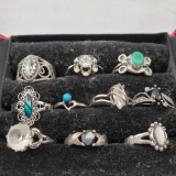 Lot Of 10 Sterling Silver Rings & Display Case