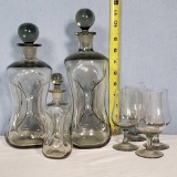 Mid Century Retro Vintage Smoked Glass Pinched Bottle Decanters and Glasses