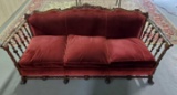 Mahogany Queen Anne Style Sofa With Spindle Arms And Spanish Paw Feet