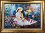 Oil On canvas Painting of Young Woman in Boat Among The Flowers signed Jason or Jenson