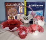 Fenton Cranberrry Opalescent Baskets, Bowls and Vases and 2 books