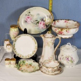 Gold and Pink Floral Decorated Porcelains Incl. Limoges Chocolate Pot, Sauce Dish, Bowls and More