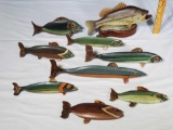 Signed JHS Jim Slack 8 Hand Carved & Painted Wood & Copper Fin Fish Spearing Decoys