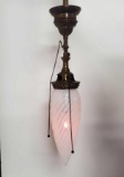 Converted Gas Lamp to Electric Ceiling Light With White Opalescent Swirl Art Glass Teardrop Shade